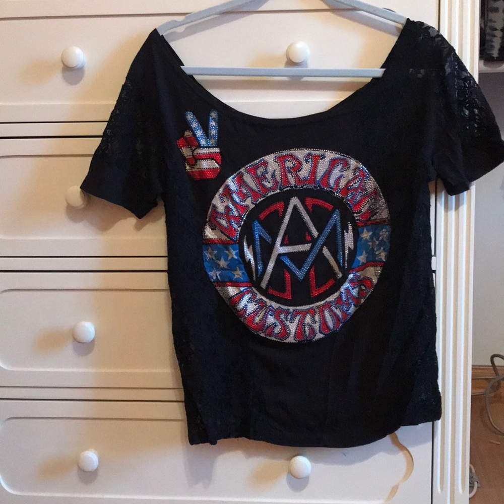 embellished affliction tee with black lace cut out